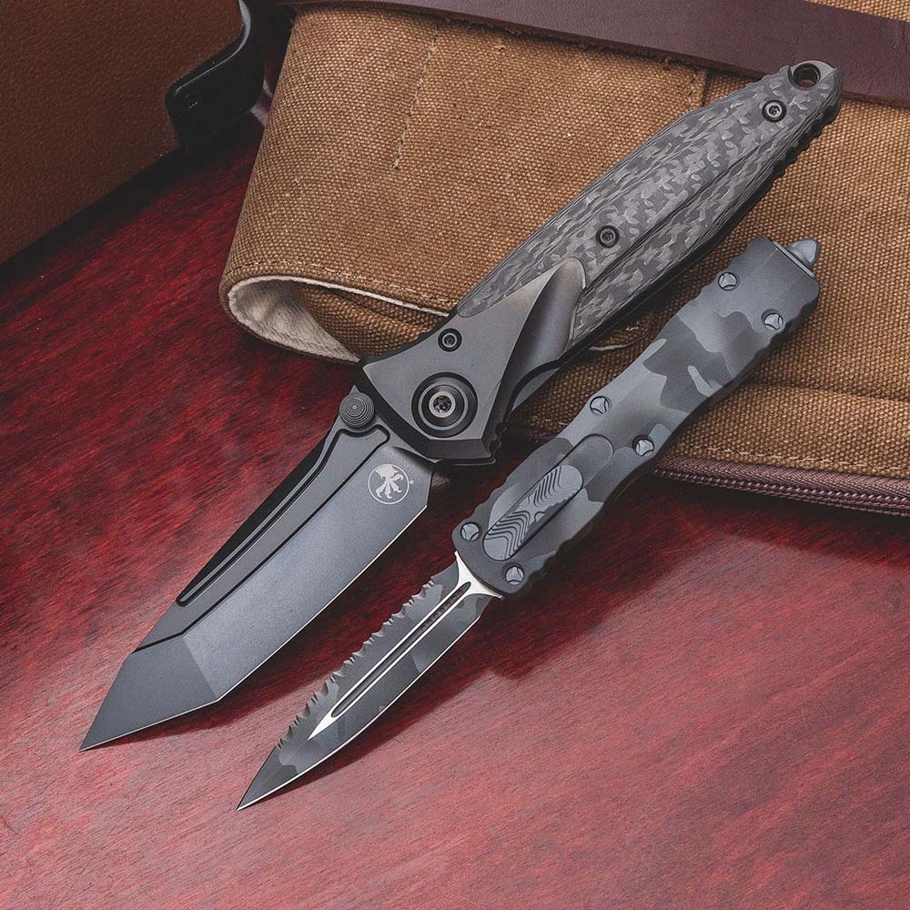 Microtech Socom Bravo M390 Black DLC Tanto Plain Black DLC Titanium Handles with Carbon Fiber Scales 261-1DLCT 6