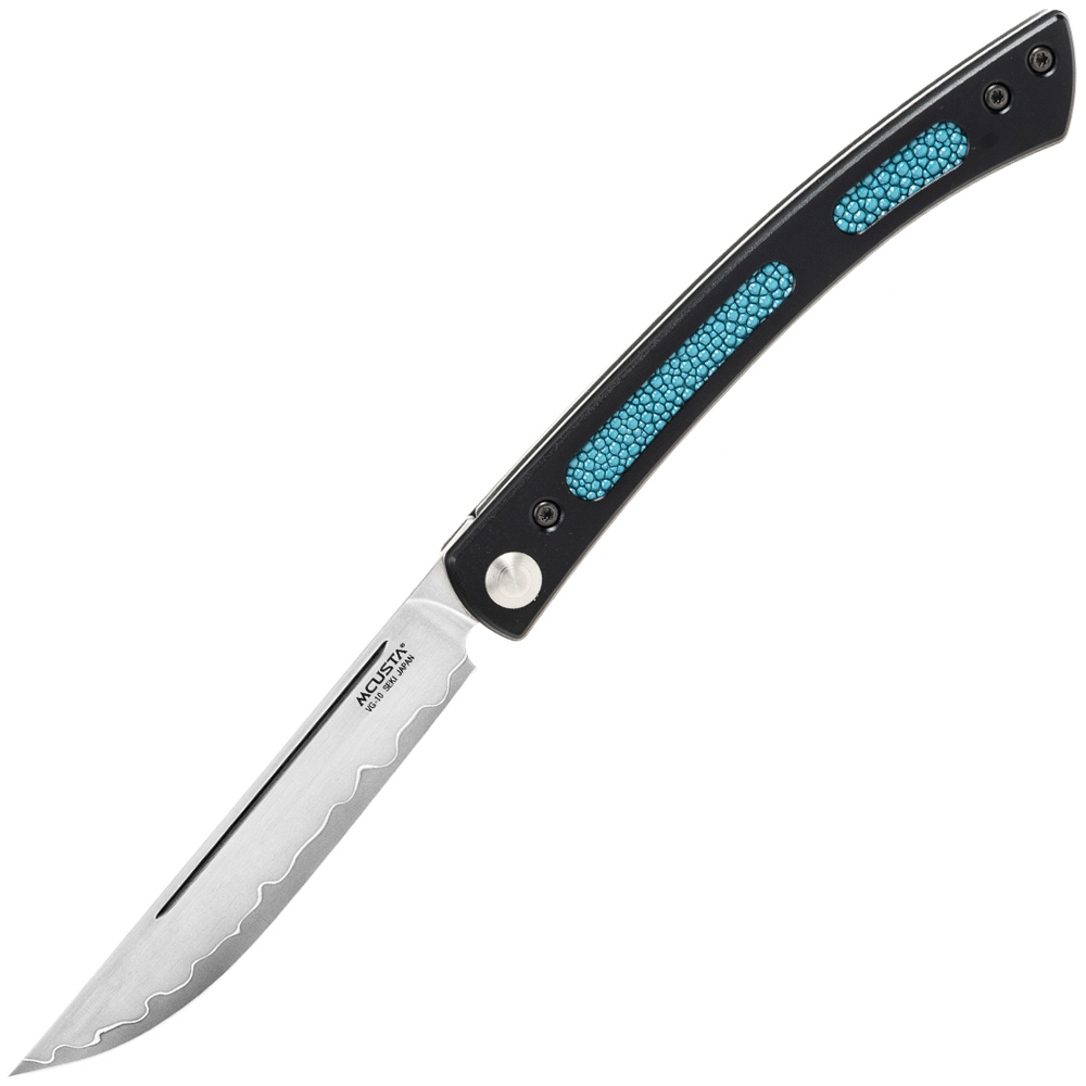 Mcusta MC-221B The Executive VG-10 Core Damascus Blue Micarta Personal Folding Steak Knife 1
