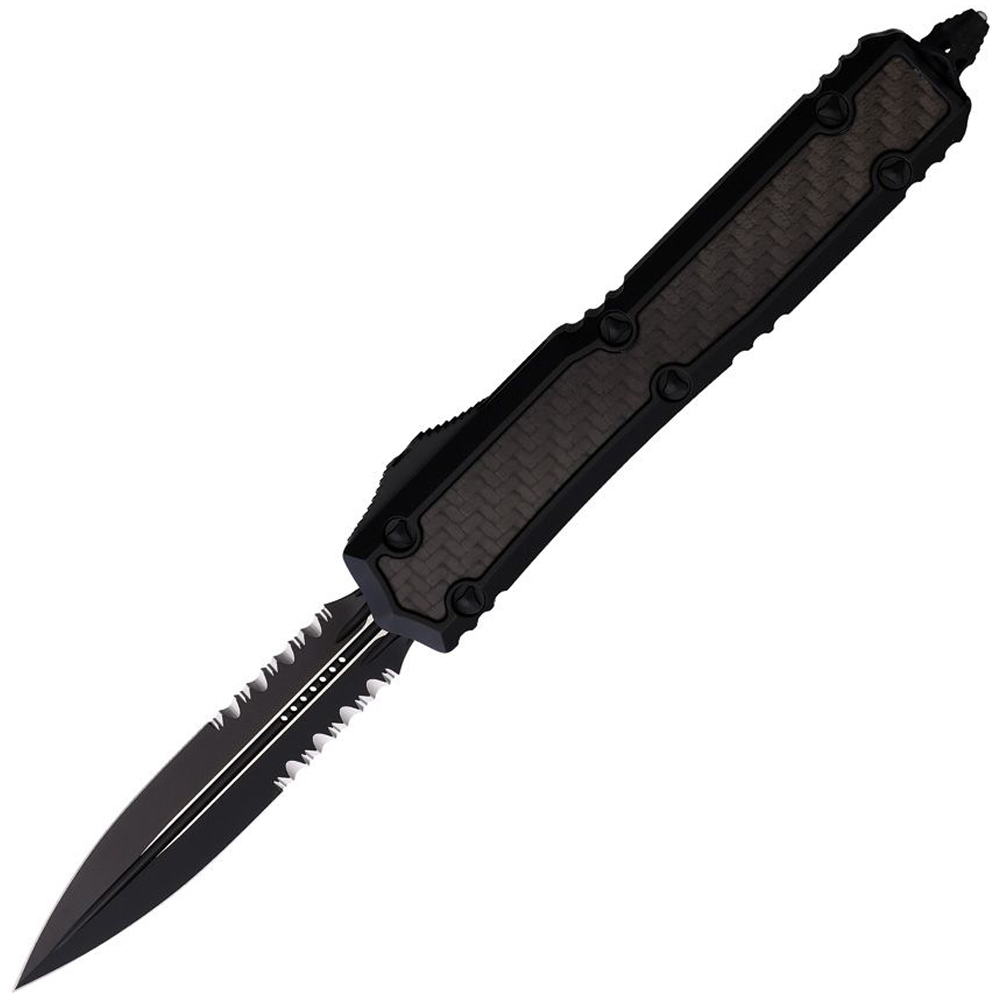 Microtech Makora D/E MCT2062TCFIS Black Cerakote Double Edge Dagger Partially Serrated Black Anodized Aluminum Handle with Carbon Fiber Insert 1