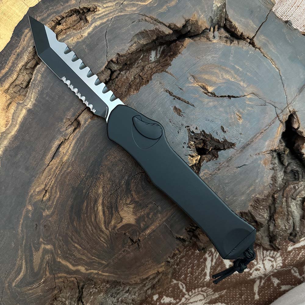 Heretic Knives Hydra OTF Auto T/E Tactical CPM Magnacut Black Handle Two Tone DLC Serrated Blade H00611BT 4