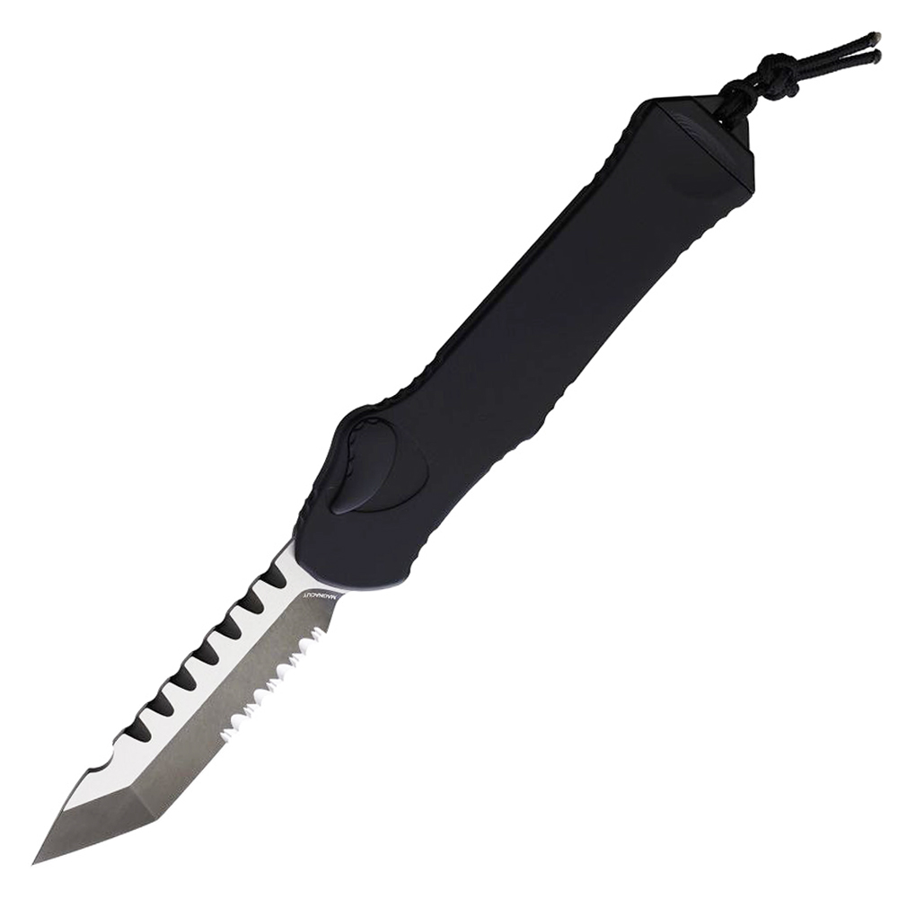 Heretic Knives Hydra OTF Auto T/E Tactical CPM Magnacut Black Handle Two Tone DLC Serrated Blade H00611BT 1