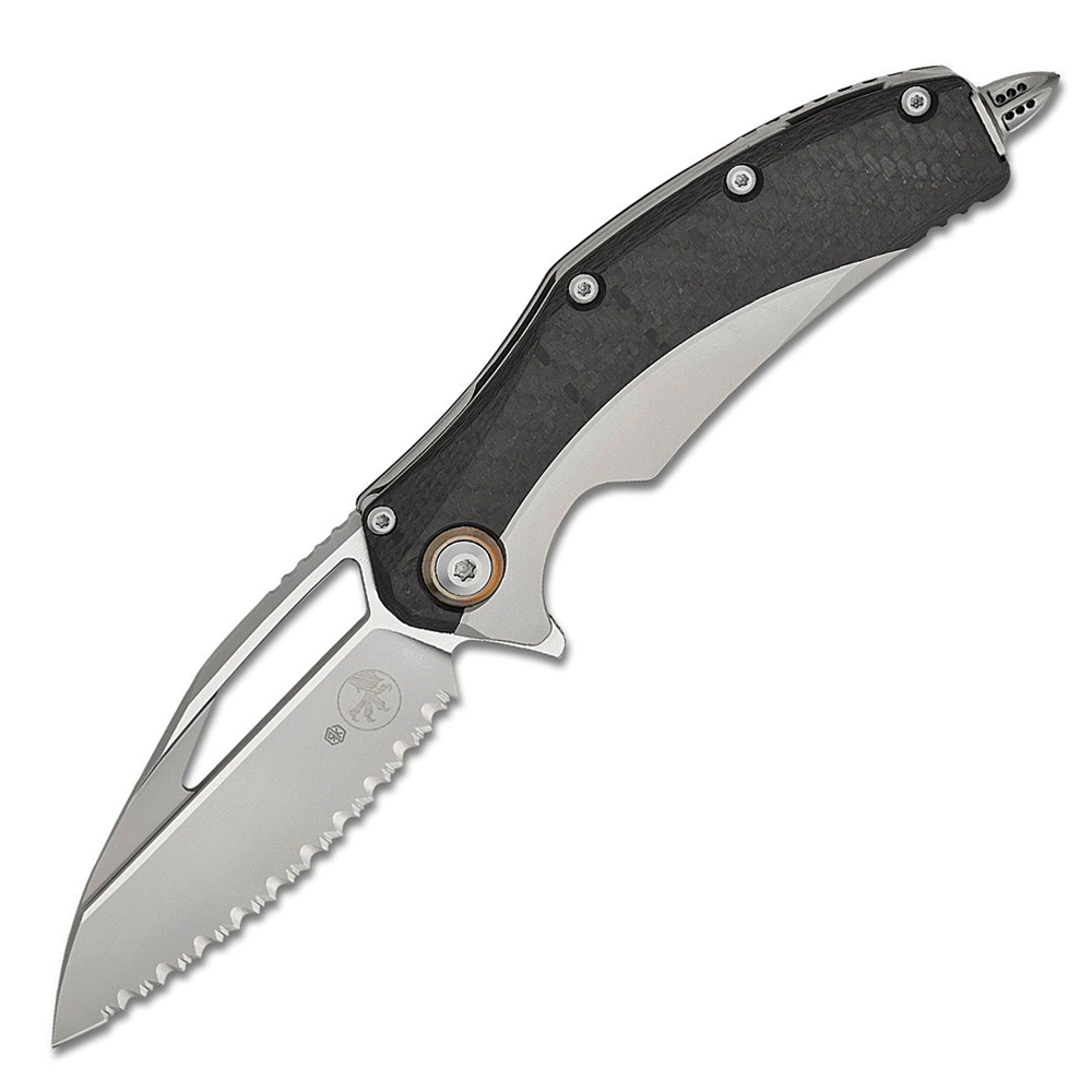 Microtech Matrix M390 Blasted Modified Sheepsfoot Serrated Blade Bolstered Titanium Handles with Carbon Fiber Scales MCT165C9CFTI 1