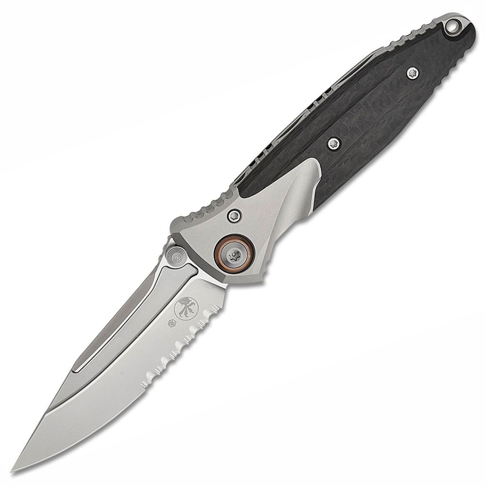 Microtech Socom Bravo Mini M390 Blasted Clip Point Combo Blade Bolstered Titanium Handles with Carbon Fiber Scales 260M-8CFTI 1