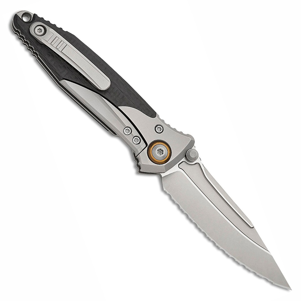 Microtech Socom Bravo Mini M390 Blasted Clip Point Serrated Blade Bolstered Titanium Handles with Carbon Fiber Scales 260M-9CFTI 2