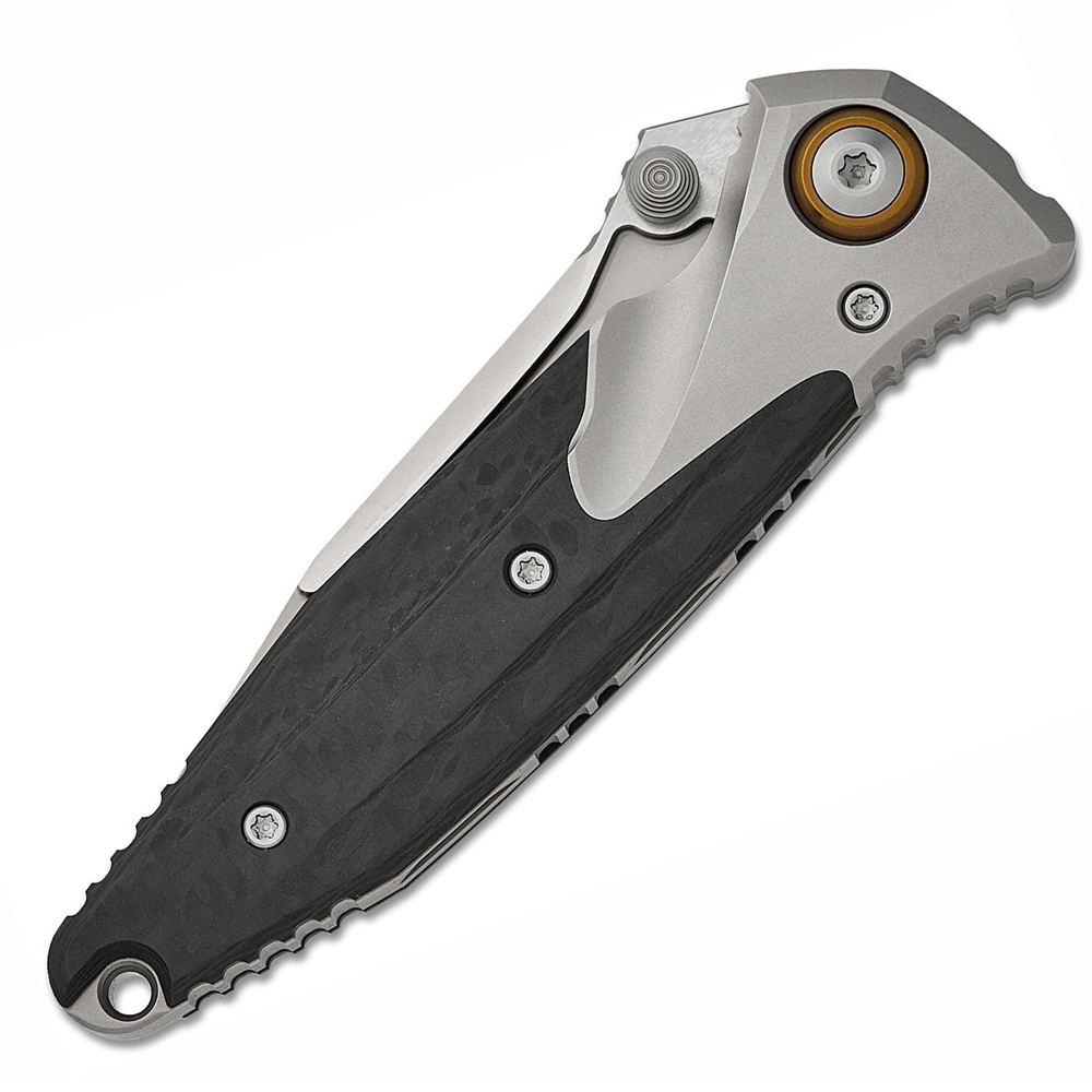 Microtech Socom Bravo Mini M390 Blasted Clip Point Serrated Blade Bolstered Titanium Handles with Carbon Fiber Scales 260M-9CFTI 3