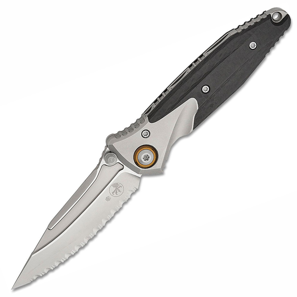 Microtech Socom Bravo Mini M390 Blasted Clip Point Serrated Blade Bolstered Titanium Handles with Carbon Fiber Scales 260M-9CFTI 1