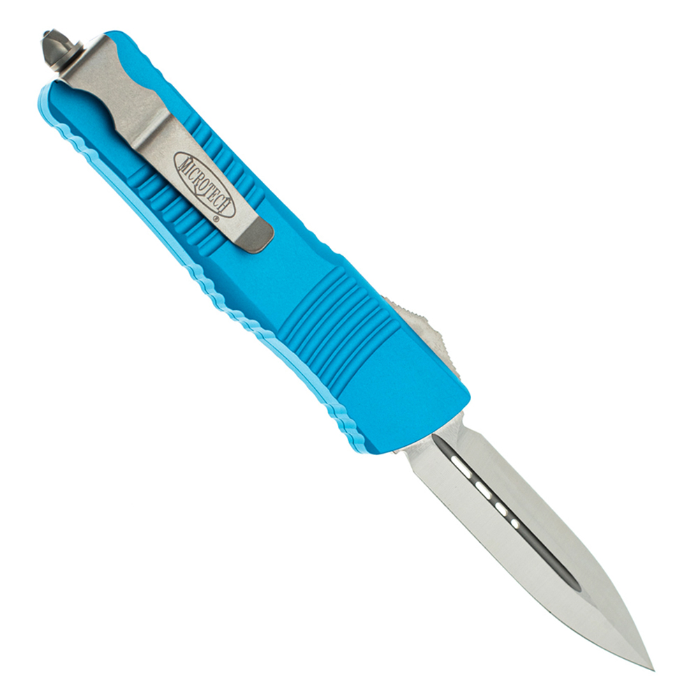 Microtech Combat Troodon AUTO OTF Knife Satin Double Edge Dagger Blade Turquoise Aluminum Handles 2