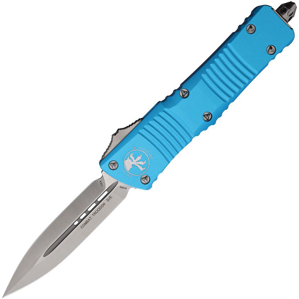 Microtech Combat Troodon AUTO OTF Knife Satin Double Edge Dagger Blade Turquoise Aluminum Handles 1