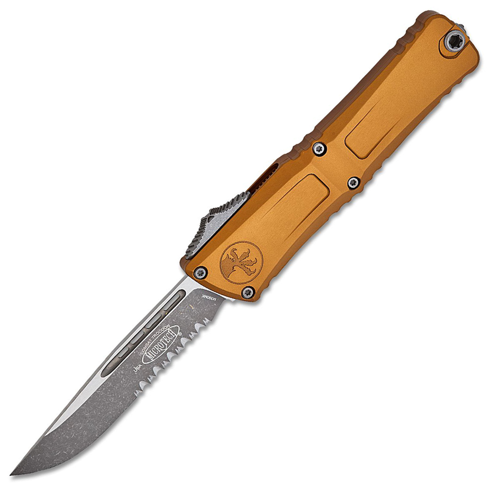 Microtech Combat Troodon Gen III AUTO OTF M390MK Apocalyptic Drop Point Combo Blade Tan Aluminum Handles 1143-11APTA 1