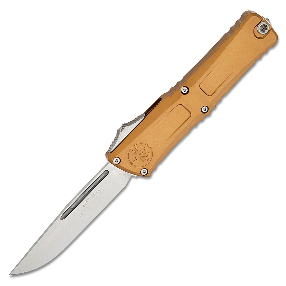 Microtech Combat Troodon Gen III AUTO OTF M390MK Stonewashed Drop Point Tan Aluminum Handles 1143-10TA 1