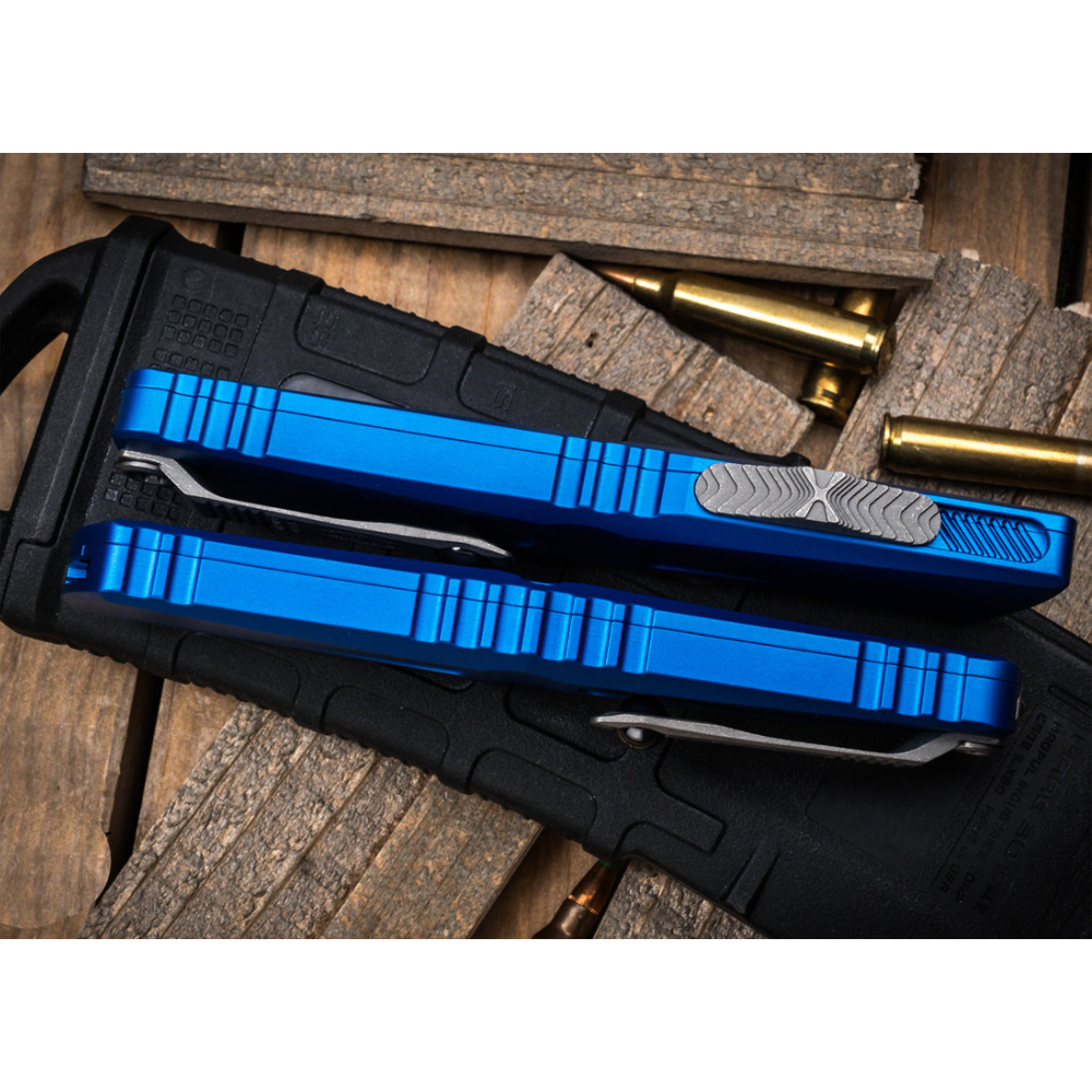 Microtech Combat Troodon Gen III AUTO OTF M390 Tanto Apocalyptic Stonewashed Blue Aluminum Handles 1144-10APBL 5