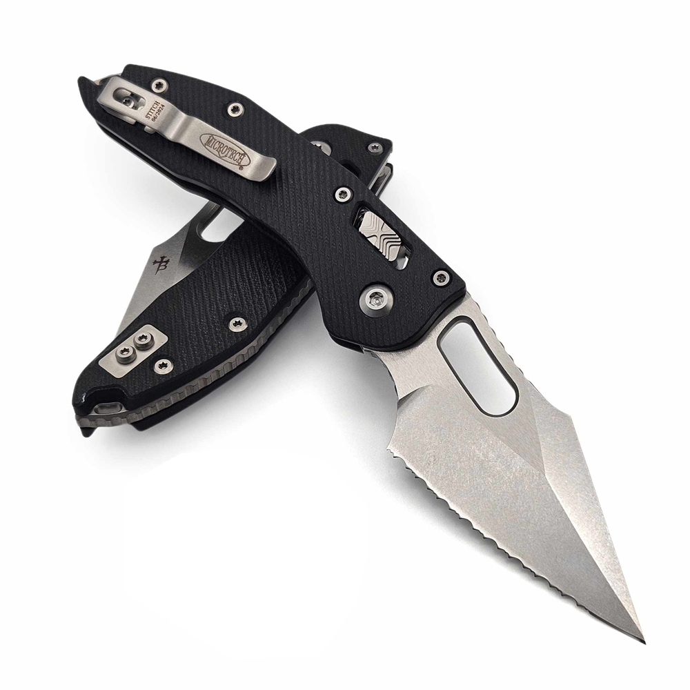 Microtech Stitch RAM-LOK Manual Folding Knife Bohler M390MK Stonewashed Spear Point Serrated Blade Black Fluted G10 169RL-12FLGTBK 6