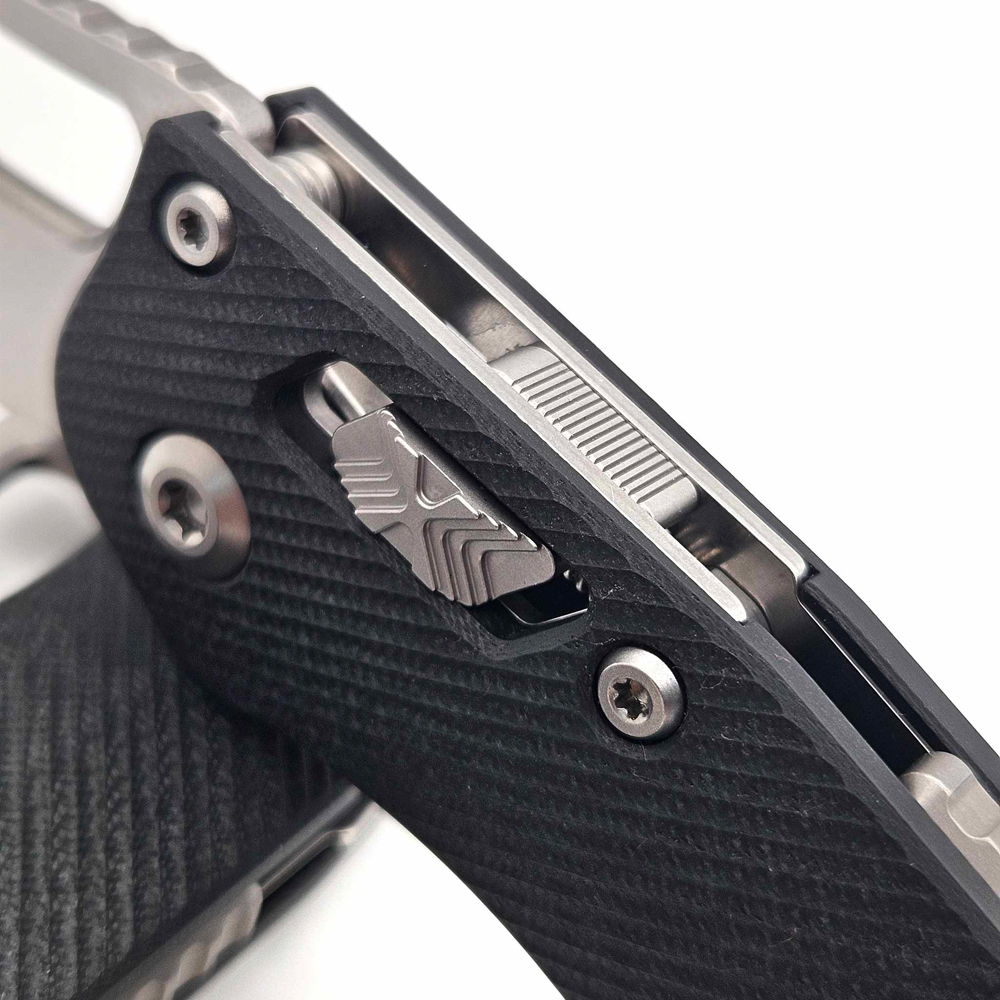 Microtech Stitch RAM-LOK Manual Folding Knife Bohler M390MK Stonewashed Spear Point Serrated Blade Black Fluted G10 169RL-12FLGTBK 8