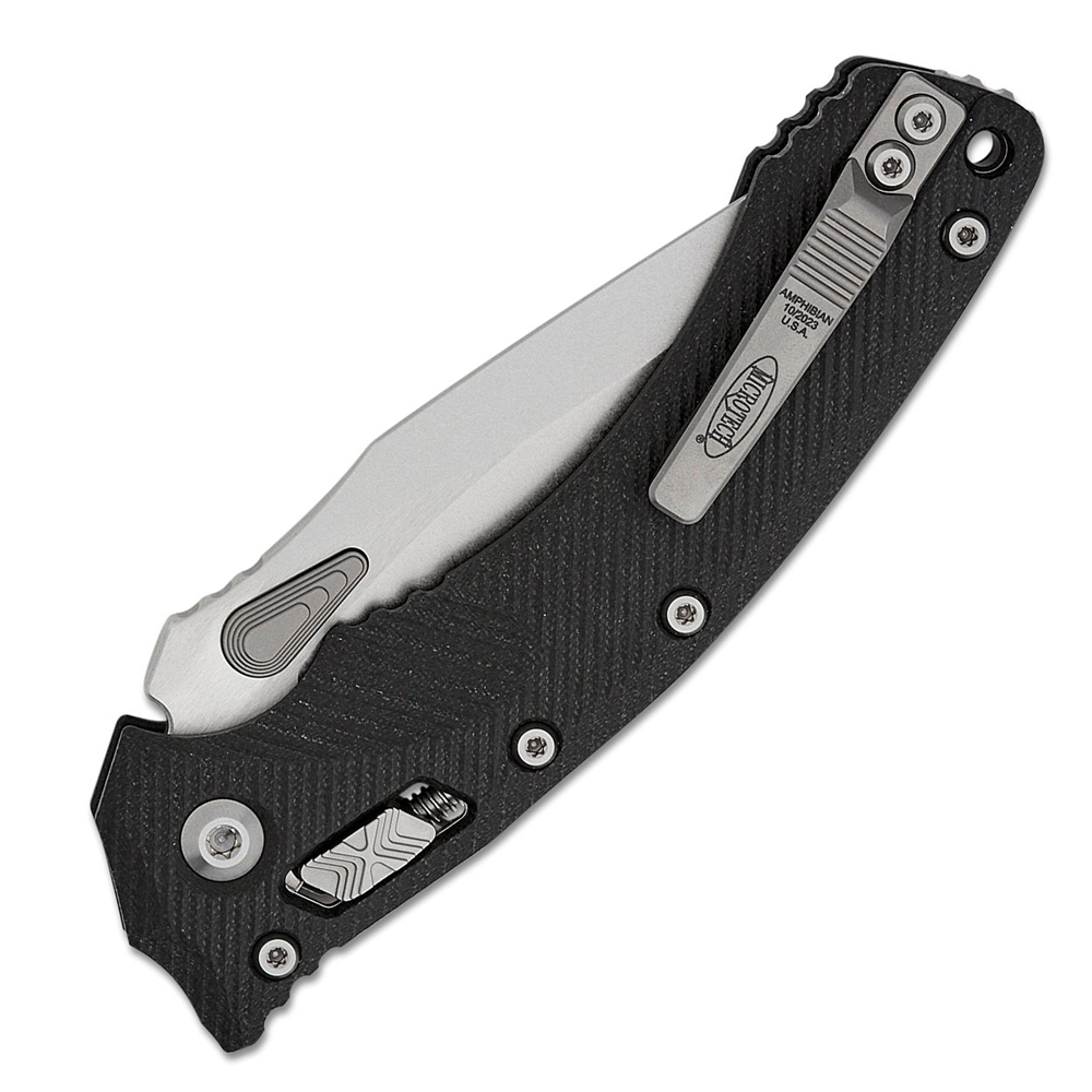 Microtech Amphibian RAM-LOK Manual Folding Bohler M390MK Stonewashed Clip Point Plain Blade Black Fluted G10 Handles 137RL-10FLGTBK 4