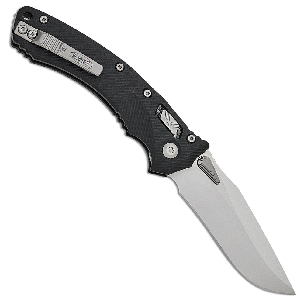 Microtech 30th Anniversary Amphibian RAM-LOK Manual Folding Bohler M390MK Stonewashed Clip Point Plain Black Fluted G10 Handles 137RL-10FLGTBK30 2