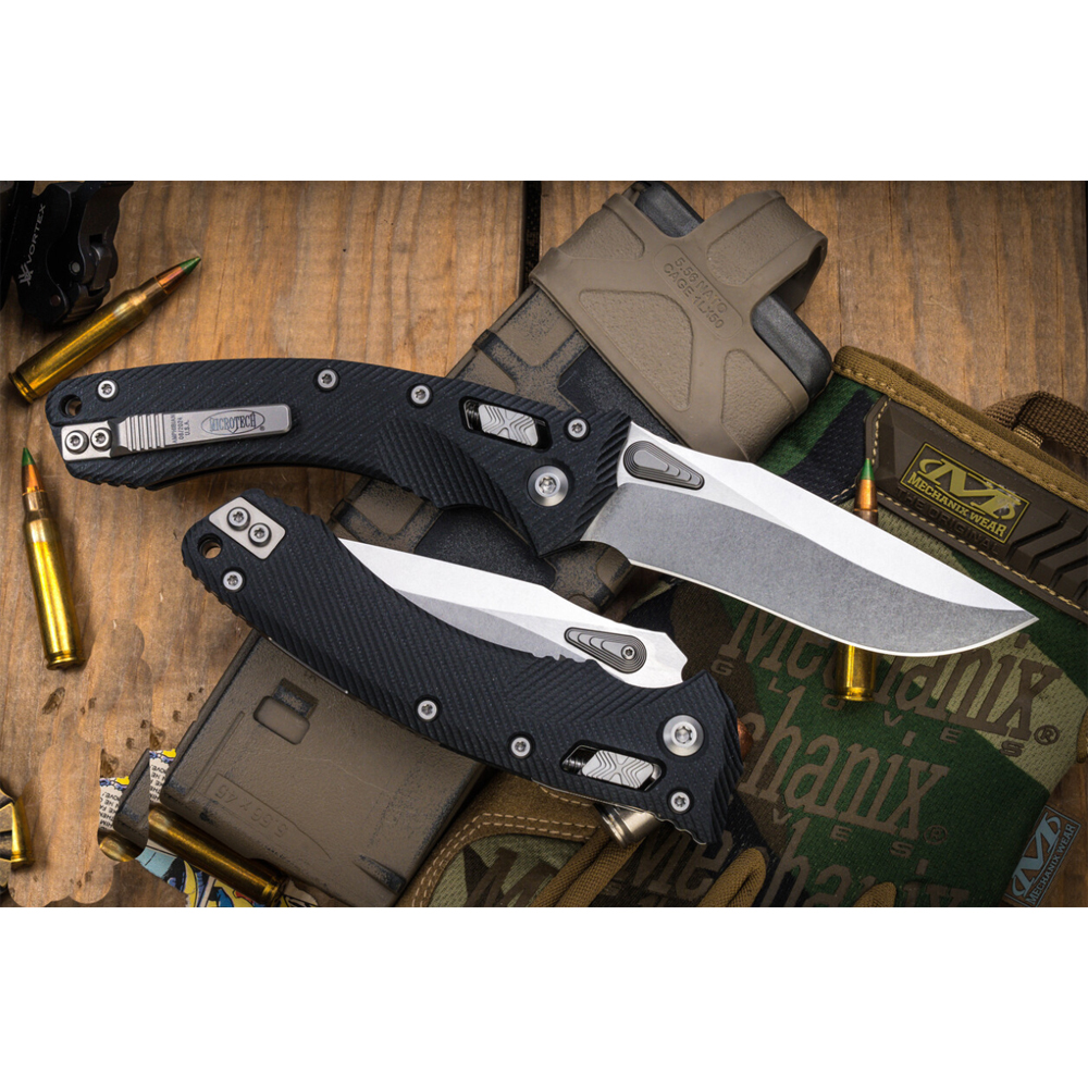 Microtech 30th Anniversary Amphibian RAM-LOK Manual Folding Bohler M390MK Stonewashed Clip Point Plain Black Fluted G10 Handles 137RL-10FLGTBK30 7
