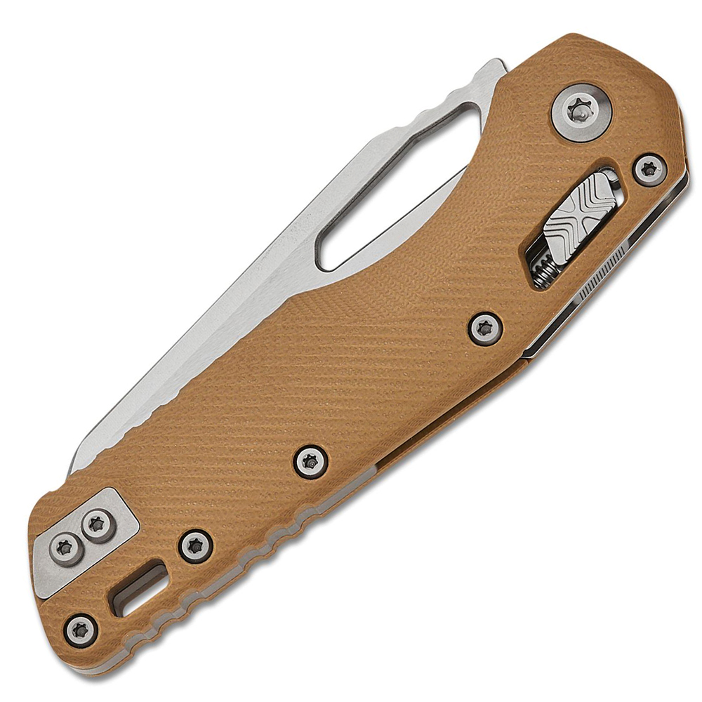 Microtech MSI RAM-LOK Manual Folding Bohler M390MK Stonewashed Modified Sheepsfoot Combo Blade Fluted Tan G10 Handles 210-11FLGTTA 3