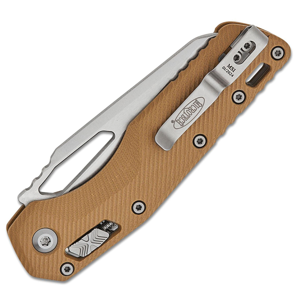 Microtech MSI RAM-LOK Manual Folding Bohler M390MK Stonewashed Modified Sheepsfoot Combo Blade Fluted Tan G10 Handles 210-11FLGTTA 4