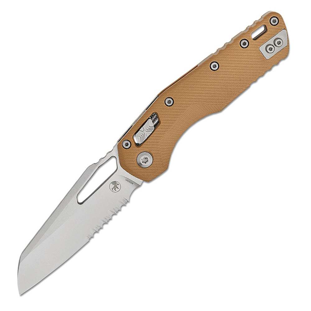 Microtech MSI RAM-LOK Manual Folding Bohler M390MK Stonewashed Modified Sheepsfoot Combo Blade Fluted Tan G10 Handles 210-11FLGTTA 1