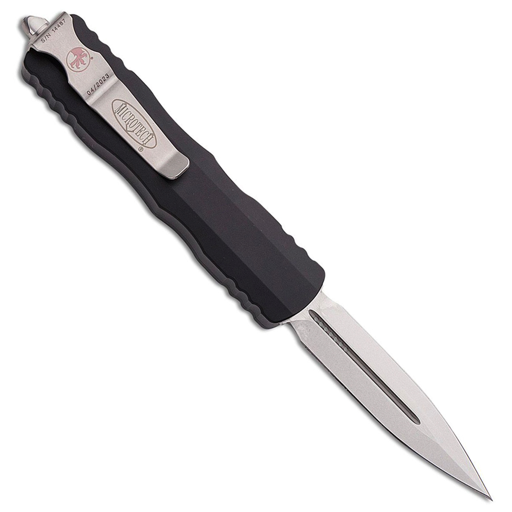 Microtech 225-10 Dirac AUTO OTF Knife Stonewashed Double Edge Dagger Black Aluminum Handles 2