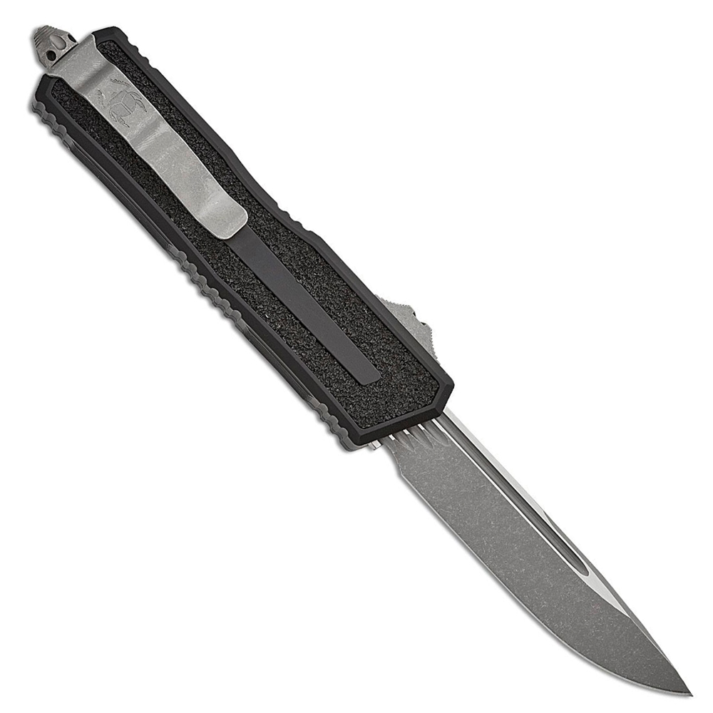 Microtech Scarab II Gen III AUTO OTF Knife M390MK Apocalyptic Drop Point Plain Black Aluminum Handles with 3M Traction Tape Inserts 1278-10AP  2