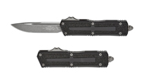 Microtech Scarab II Gen III AUTO OTF Knife M390MK Apocalyptic Drop Point Plain Black Aluminum Handles with 3M Traction Tape Inserts 1278-10AP 