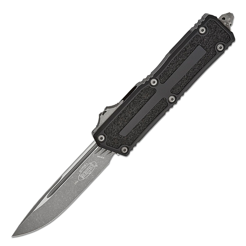 Microtech Scarab II Gen III AUTO OTF Knife M390MK Apocalyptic Drop Point Plain Black Aluminum Handles with 3M Traction Tape Inserts 1278-10AP  1
