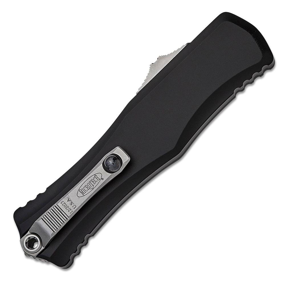 Microtech Hera II OTF AUTO M390MK Stonewashed Double Edge Dagger Blade Black Deep Engraved Aluminum Handles 1702-10 4