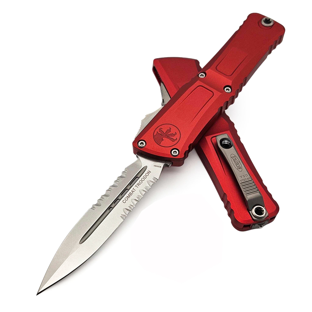 Microtech Combat Troodon Gen III AUTO OTF M390MK Stonewashed Serrated Dagger Red Aluminum Handles 1142-11RD 2