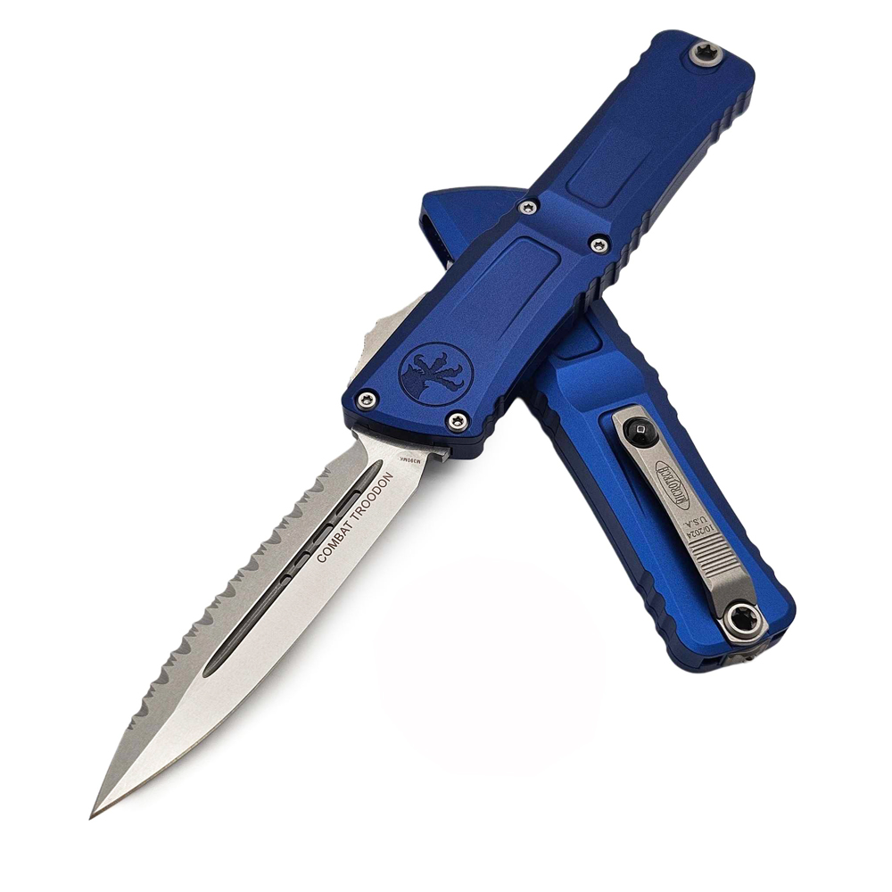 Microtech Combat Troodon Gen III AUTO OTF M390MK Stonewashed Full Serrated Dagger Navy Aluminum Handles 1142-12NA 2