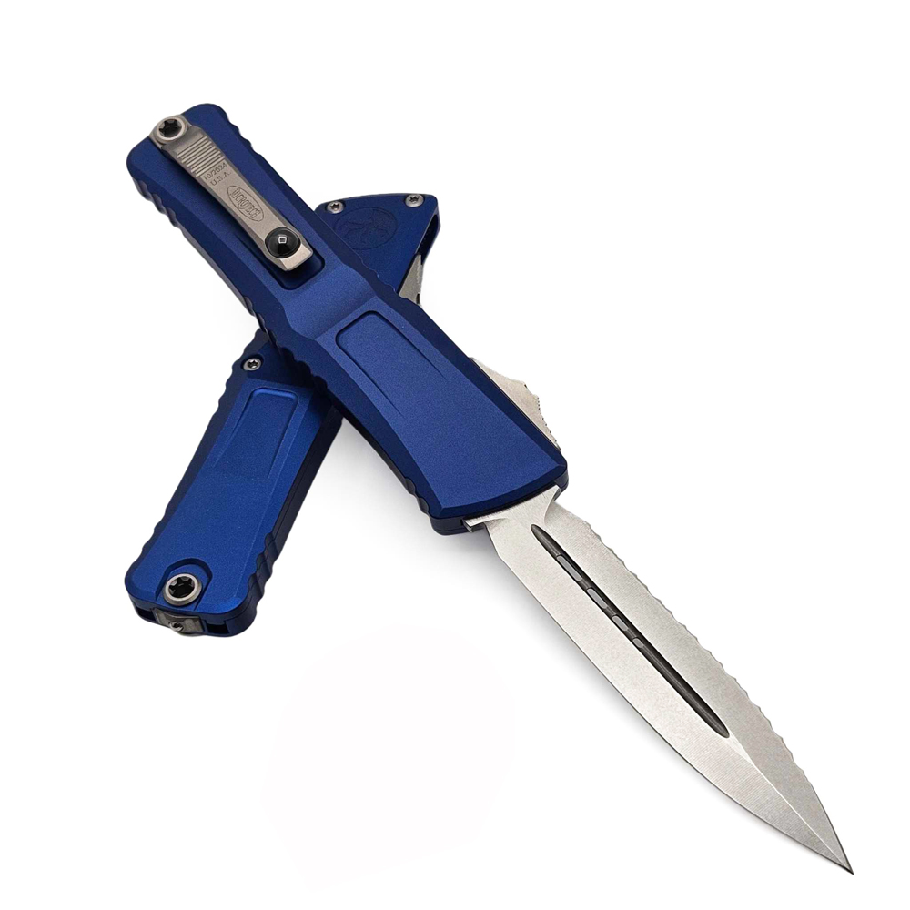 Microtech Combat Troodon Gen III AUTO OTF M390MK Stonewashed Full Serrated Dagger Navy Aluminum Handles 1142-12NA 3
