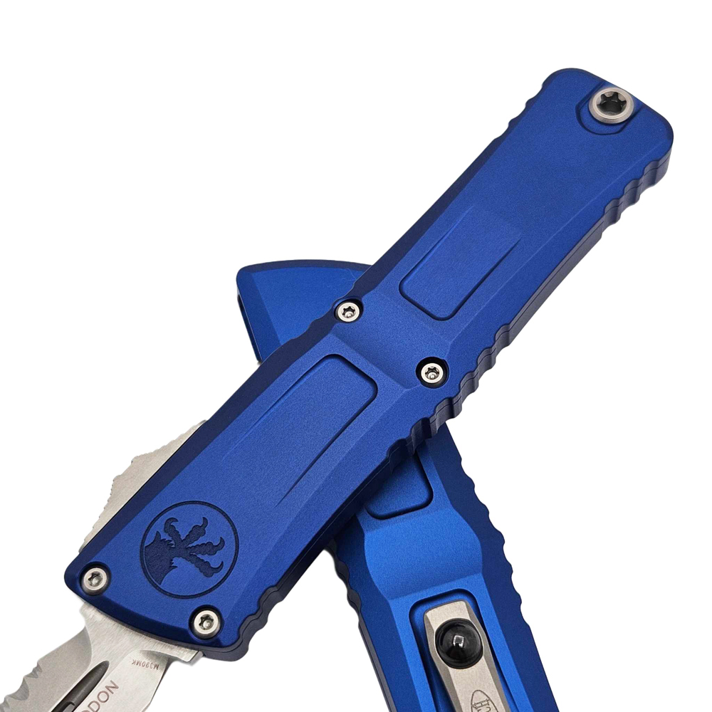 Microtech Combat Troodon Gen III AUTO OTF M390MK Stonewashed Full Serrated Dagger Navy Aluminum Handles 1142-12NA 5