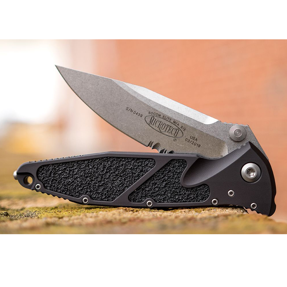Microtech 160-11 Socom Elite Manual Stonewashed Clip Point Combo Blade Black Aluminum Handles 6