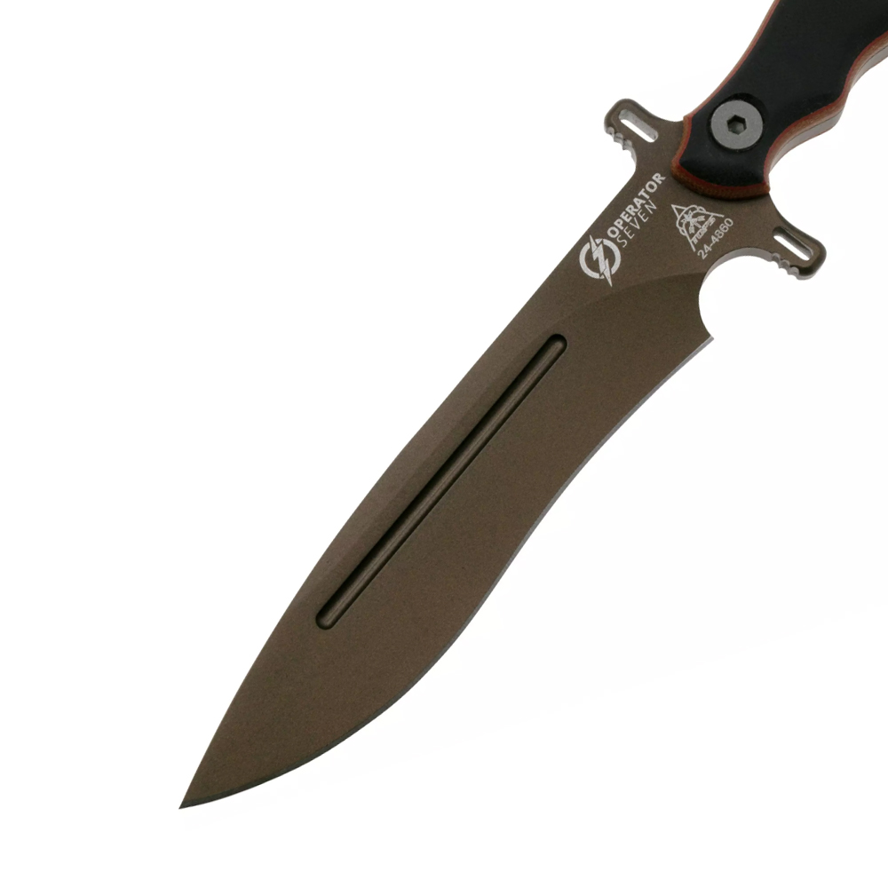 TOPS Operator 7 Fixed Blade 1075 Carbon Midnight Bronze Blade Tan Canvas Micarta / Black G10 OP7-03 3