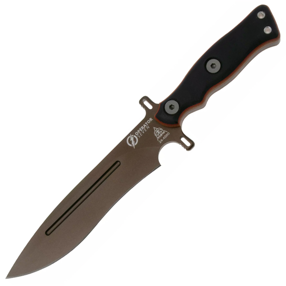 TOPS Operator 7 Fixed Blade 1075 Carbon Midnight Bronze Blade Tan Canvas Micarta / Black G10 OP7-03 1