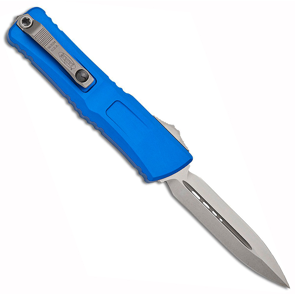 Microtech Combat Troodon Gen III AUTO OTF M390MK Stonewashed Double Edge Dagger Blue Aluminum Handles 1142-10BL 2