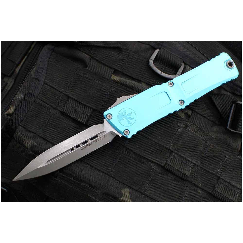 Microtech Combat Troodon Gen III AUTO OTF M390MK Apocalyptic Double Edge Dagger Turquoise Aluminum Handles 1142-10APTQ 3