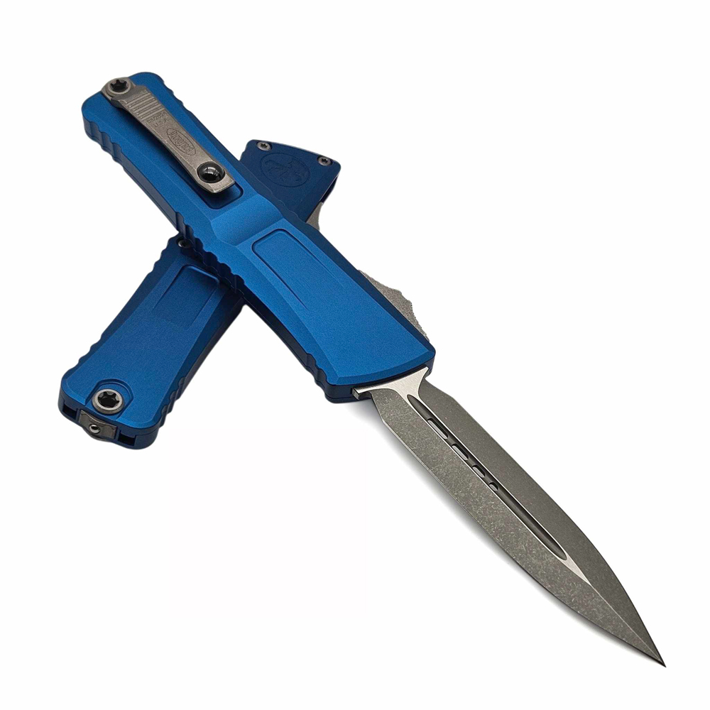 Microtech Combat Troodon Gen III AUTO OTF M390MK Apocalyptic Double Edge Dagger Blue Aluminum Handles 1142-10APBL 8