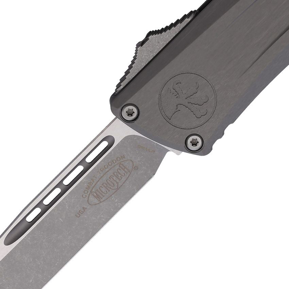 Microtech Combat Troodon Gen III AUTO OTF M390 Apocalyptic Single Edge Natural Clear Aluminum Handles 1143-10APNC 3