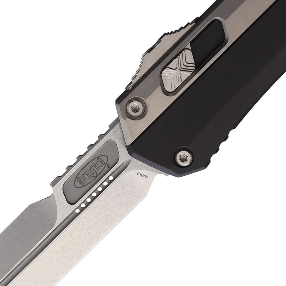 Microtech Glykon AUTO OTF Stonewashed Double Edge Bayonet Black Aluminum Handles with Titanium Overlays 184-10 2