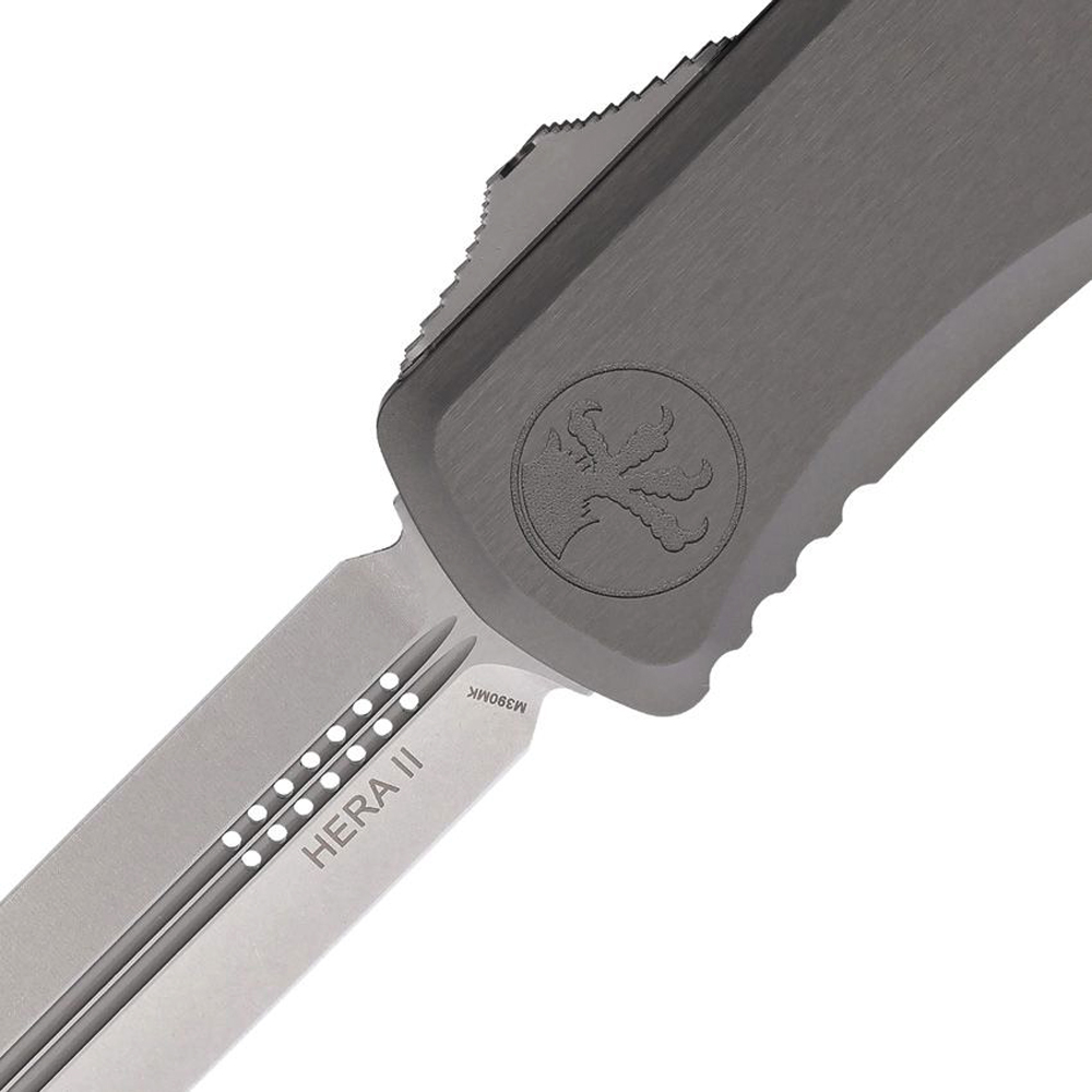 Microtech Hera II OTF AUTO M390MK Stonewashed Double Edge Dagger Natural Clear Deep Engraved Aluminum Handles 1702-10NC 2
