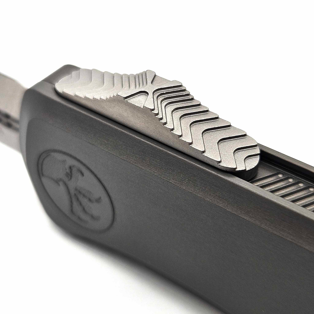 Microtech Hera II OTF AUTO M390MK Stonewashed Double Edge Dagger Natural Clear Deep Engraved Aluminum Handles 1702-10NC 3