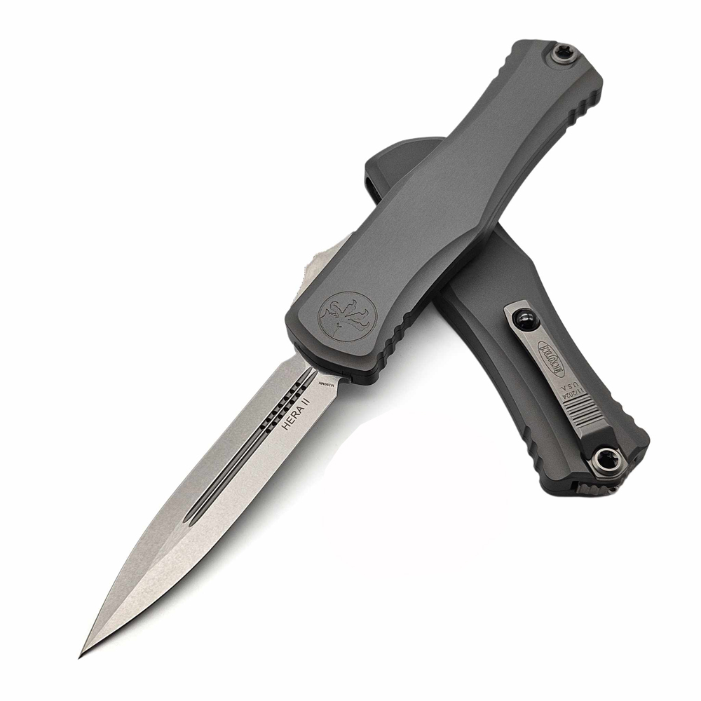 Microtech Hera II OTF AUTO M390MK Stonewashed Double Edge Dagger Natural Clear Deep Engraved Aluminum Handles 1702-10NC 4