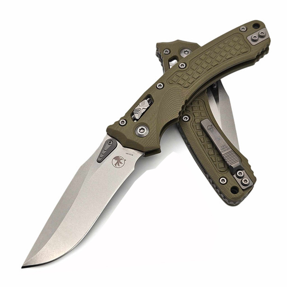 Microtech Amphibian RAM-LOK Manual Folding Bohler M390MK Apocalyptic Clip Point Plain OD Green Frag Pattern G10 Handles 137RL-10APFRGTOD 3
