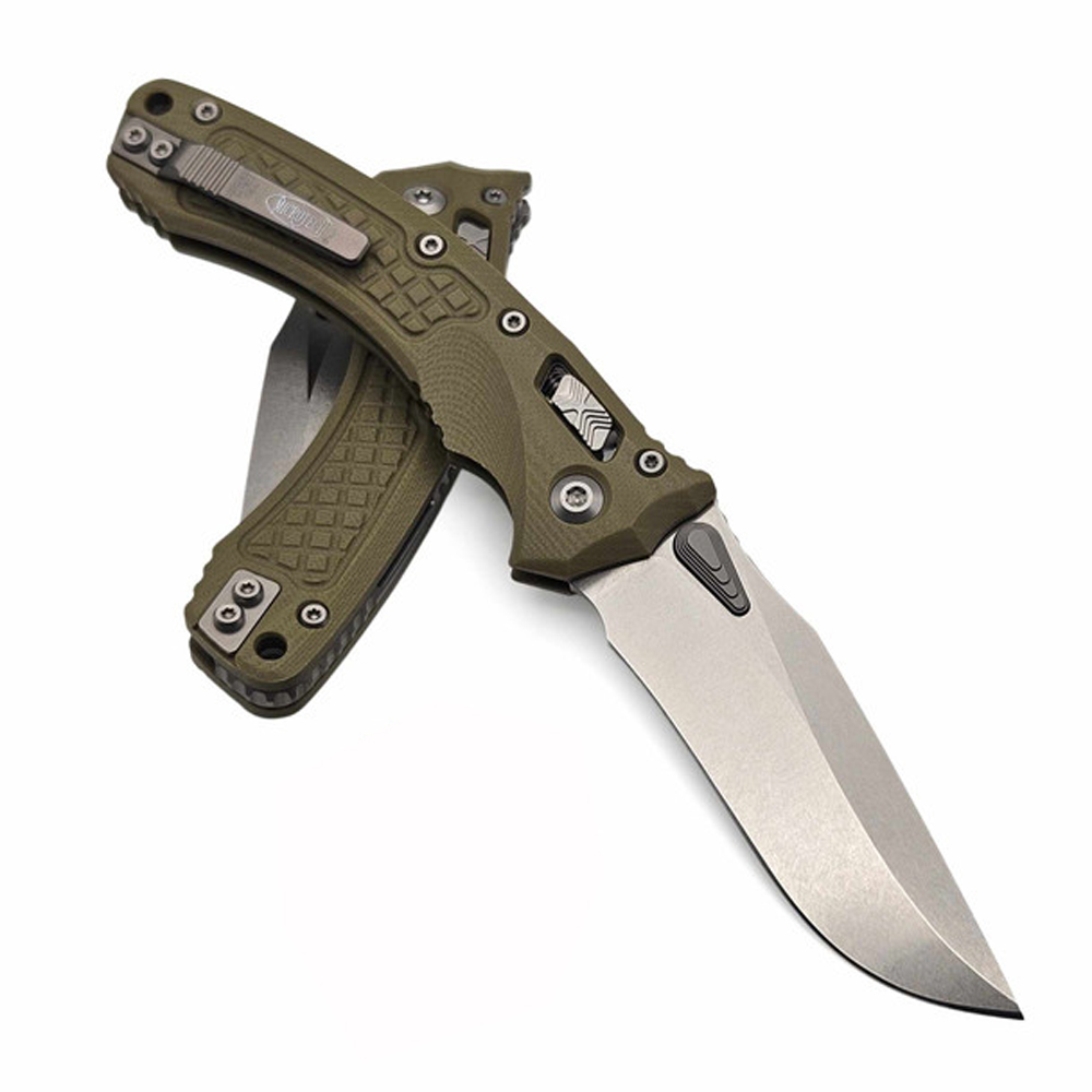 Microtech Amphibian RAM-LOK Manual Folding Bohler M390MK Apocalyptic Clip Point Plain OD Green Frag Pattern G10 Handles 137RL-10APFRGTOD 4