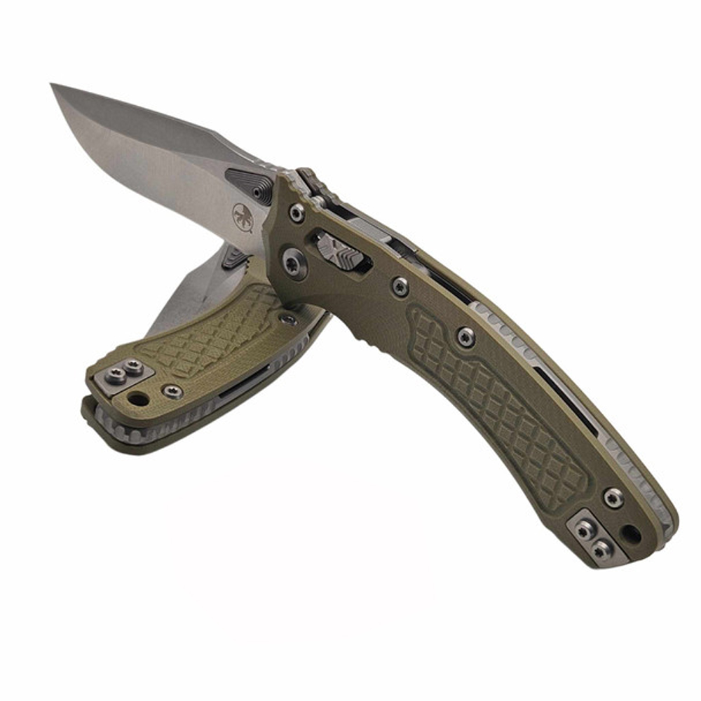 Microtech Amphibian RAM-LOK Manual Folding Bohler M390MK Apocalyptic Clip Point Plain OD Green Frag Pattern G10 Handles 137RL-10APFRGTOD 5