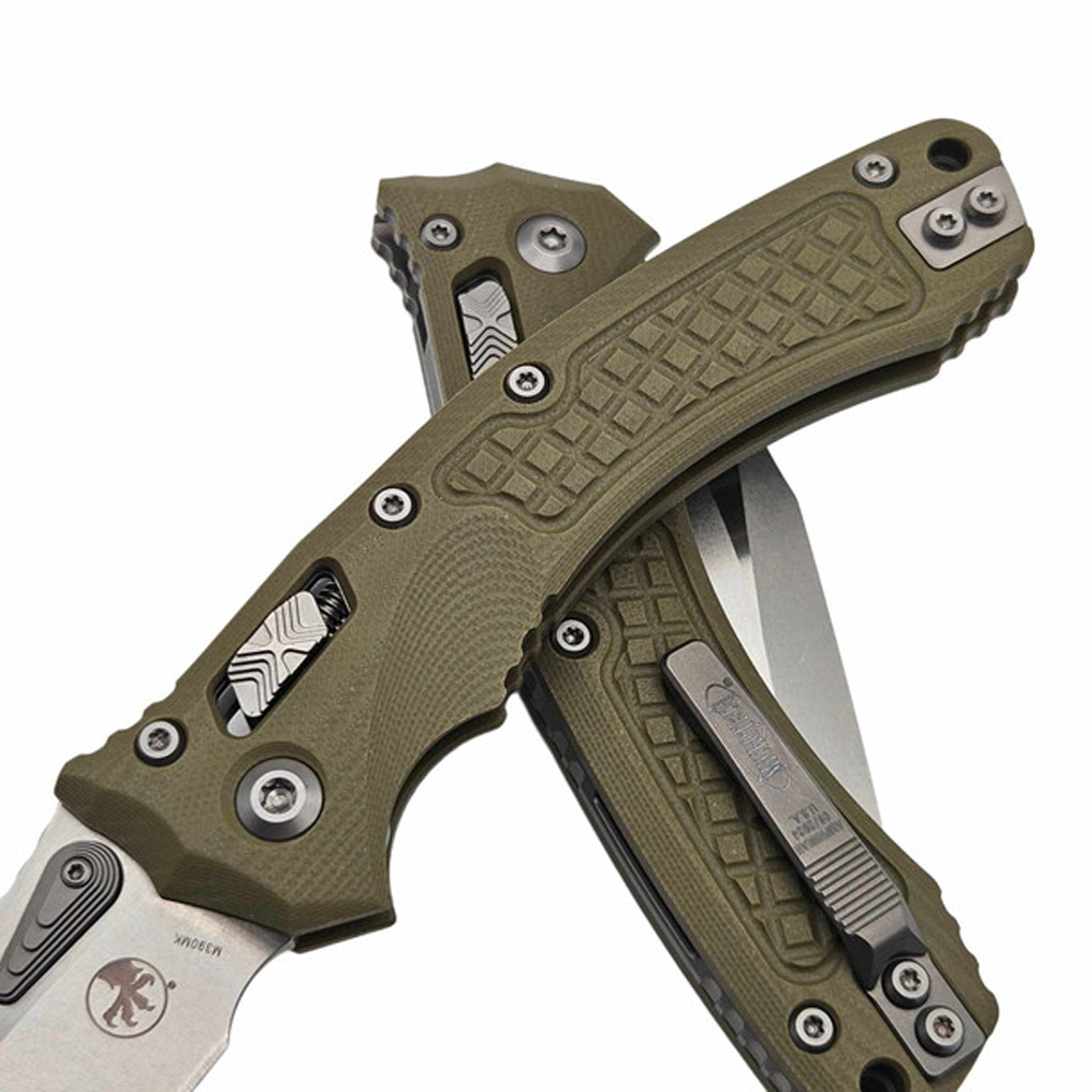 Microtech Amphibian RAM-LOK Manual Folding Bohler M390MK Apocalyptic Clip Point Plain OD Green Frag Pattern G10 Handles 137RL-10APFRGTOD 6