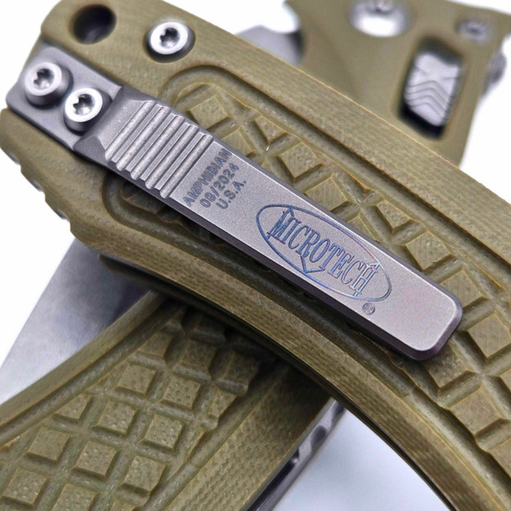Microtech Amphibian RAM-LOK Manual Folding Bohler M390MK Apocalyptic Clip Point Plain OD Green Frag Pattern G10 Handles 137RL-10APFRGTOD 7