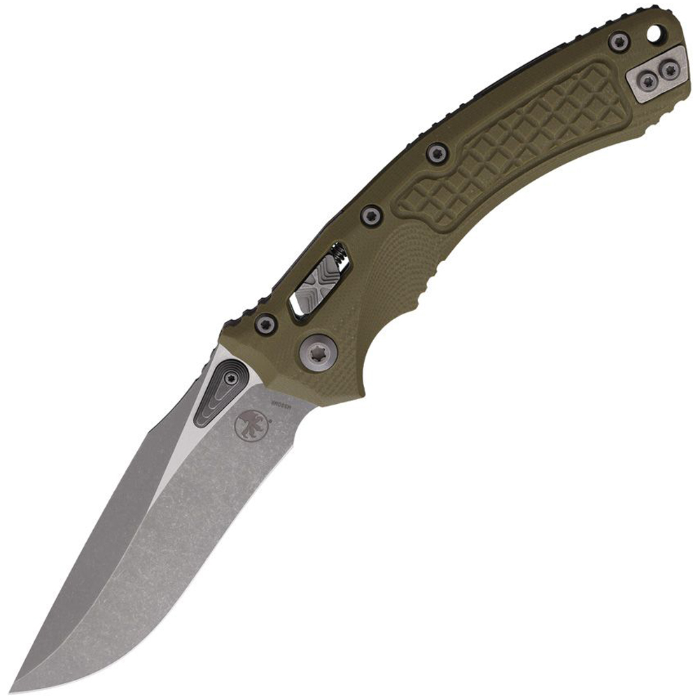 Microtech Amphibian RAM-LOK Manual Folding Bohler M390MK Apocalyptic Clip Point Plain OD Green Frag Pattern G10 Handles 137RL-10APFRGTOD 1