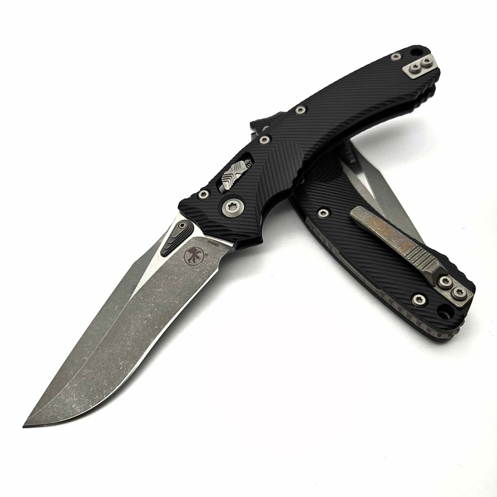 Microtech Amphibian RAM-LOK Manual Folding Bohler M390MK Apocalyptic Clip Point Plain Black Fluted Aluminum Handles 137RL-10APFL 5